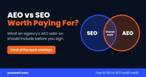 AEO vs SEO graphic with two overlapping circles labelled SEO and AEO and the shared work in the middle