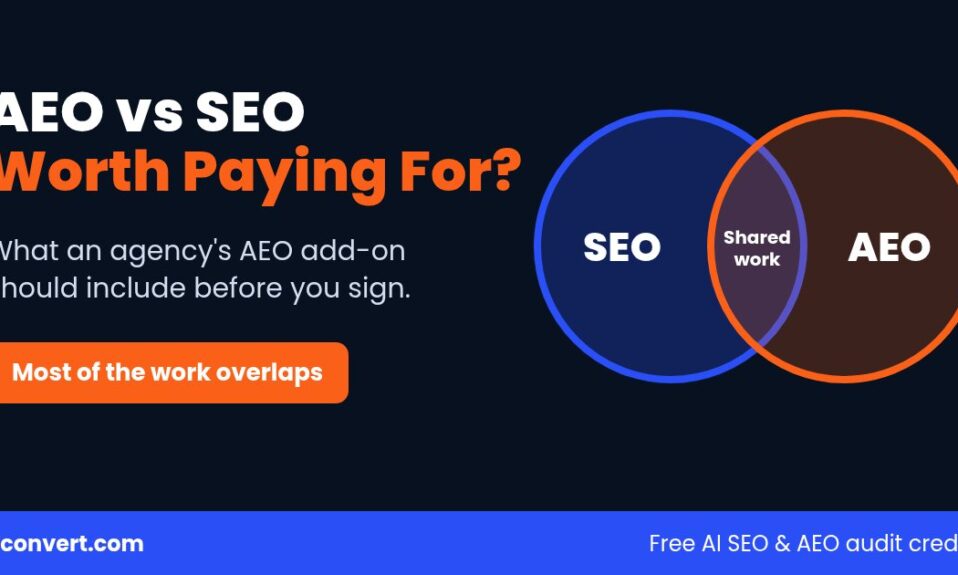 AEO vs SEO graphic with two overlapping circles labelled SEO and AEO and the shared work in the middle