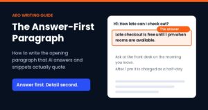 Answer-first paragraph graphic showing a hotel late checkout question with the direct answer highlighted in the first sentence
