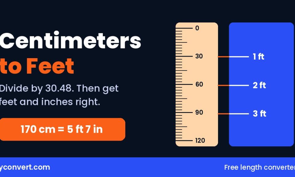 Centimeters to feet graphic with a cm ruler lined up against 1, 2 and 3 foot marks and the example 170 cm equals 5 ft 7 in