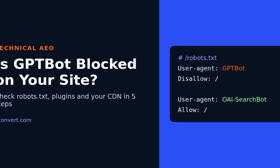 GPTBot robots.txt check graphic showing GPTBot disallowed and OAI-SearchBot allowed in a WordPress robots.txt file