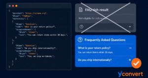 Illustration of FAQPage schema code next to a visible FAQ list, showing the visible answers matter more than the markup.