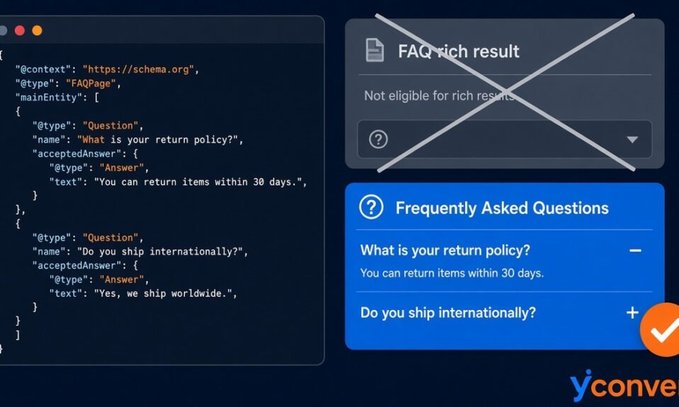 Illustration of FAQPage schema code next to a visible FAQ list, showing the visible answers matter more than the markup.