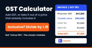 GST calculator graphic showing an 18% inclusive invoice of Rs 47,200 split into a taxable value of Rs 40,000 and GST of Rs 7,200