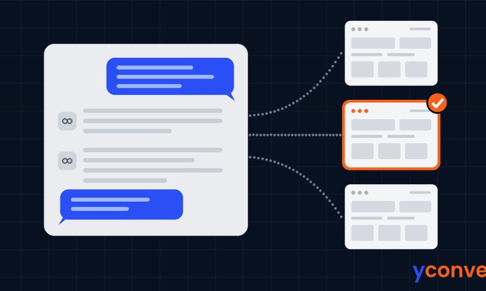 Illustration of an AI Mode style conversation with a question, an answer with source links, a follow-up question, and one highlighted cited web page