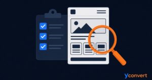 Illustration of a twelve-point checklist next to a landing page wireframe being inspected