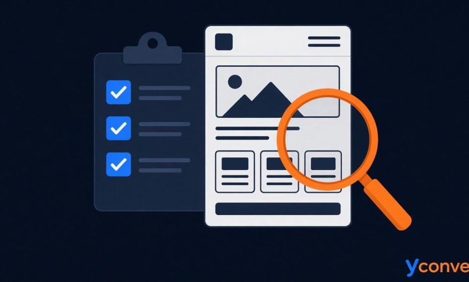 Illustration of a twelve-point checklist next to a landing page wireframe being inspected