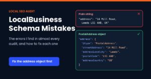 LocalBusiness schema mistakes graphic comparing an address written as a plain string with a correct PostalAddress JSON-LD object