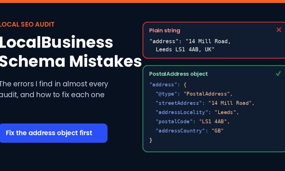 LocalBusiness schema mistakes graphic comparing an address written as a plain string with a correct PostalAddress JSON-LD object