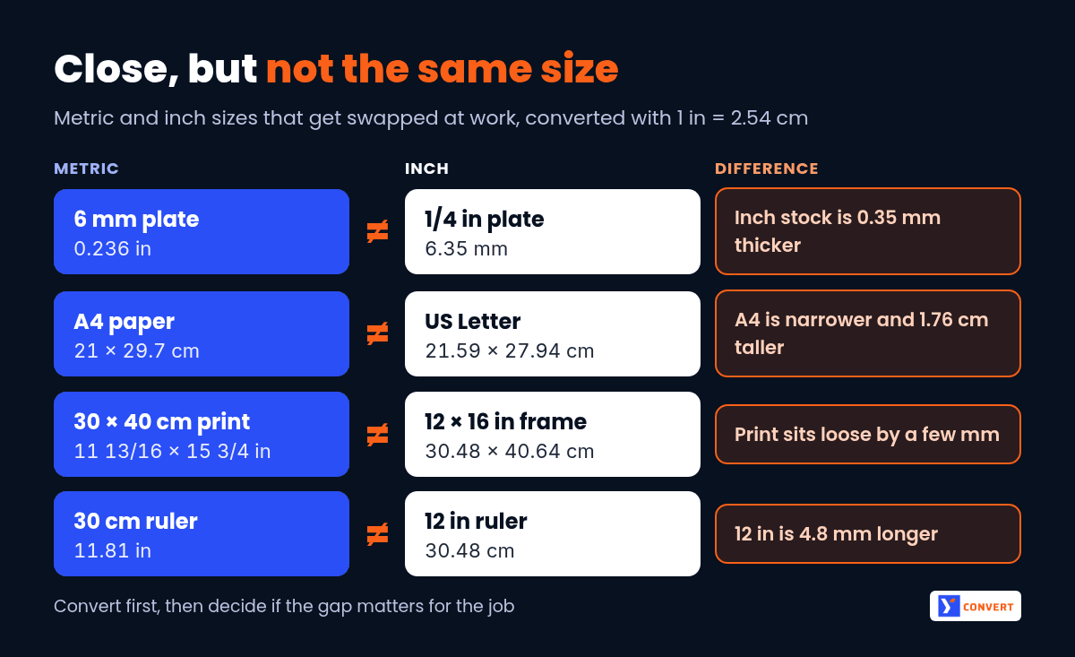 Comparison of metric and inch sizes that get mixed up: 6 mm vs 1/4 in plate, A4 vs US Letter, 30 x 40 cm print vs 12 x 16 in frame, 30 cm vs 12 in
